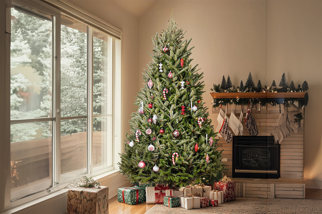 A decorated Fraser fir tree stands in the corner of a neutrally-decorated room, next to a large window and a fireplace. There are presents scattered underneath the tree.