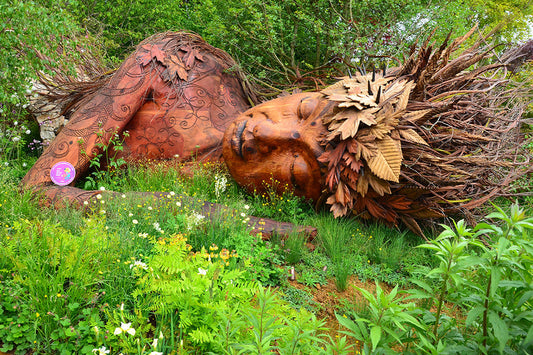 The sculpted head and shoulders of Gaia with naturalistic planting in the foreground in The Campaign to Protect Rural England Garden: 'On the Edge' garden at the Chelsea Flower Show 2026