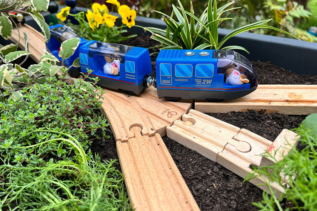 A blue toy train runs on a wooden train track through a miniature garden with thyme, chamomile, violas and carex. Garden train planter tutorial.